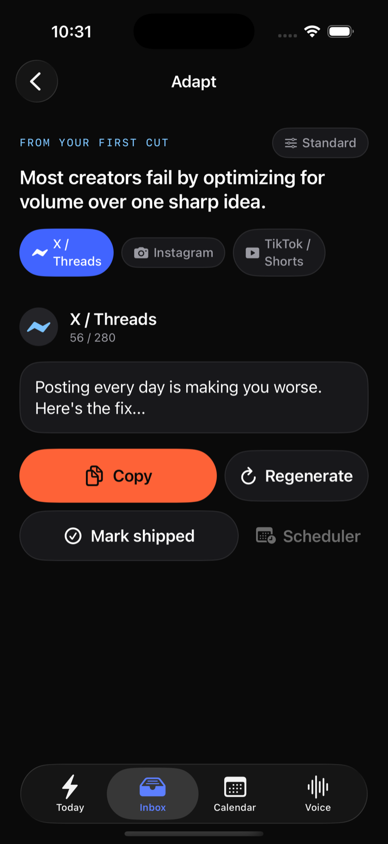 Adapt screen converting one script into X, Instagram, and TikTok outputs.