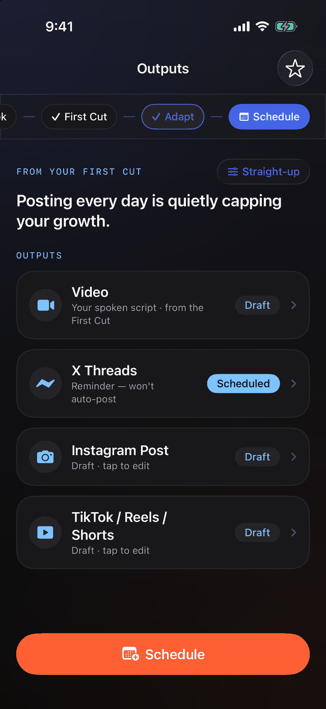 Outputs: the video, an X thread, an Instagram post and a TikTok cut, ready to schedule.