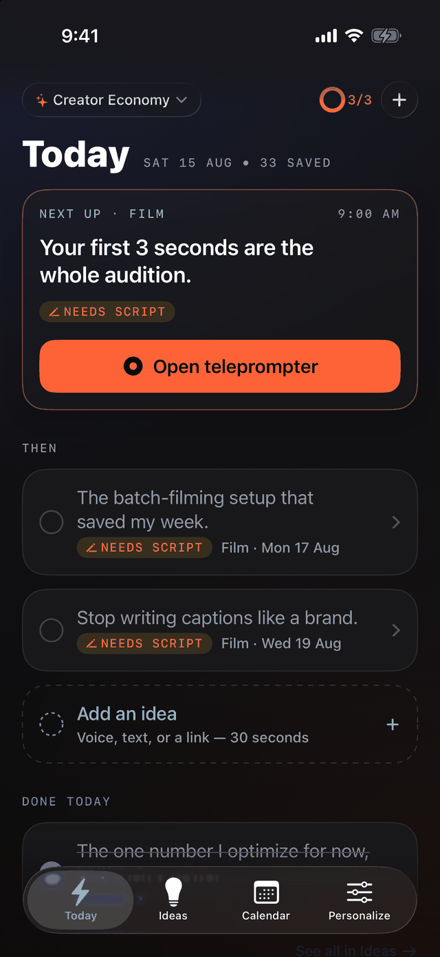Today screen with the Ship Streak card and film queue.